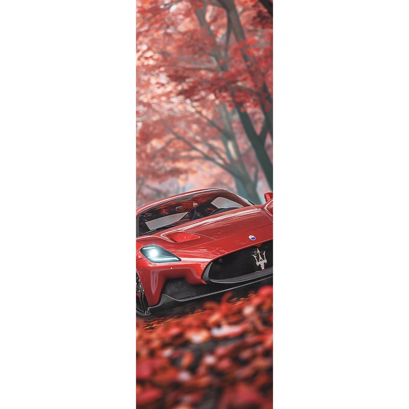 Acrylglasbild Roter Sportwagen fährt durch herbstlichen Wald No.2 Panorama Hoch