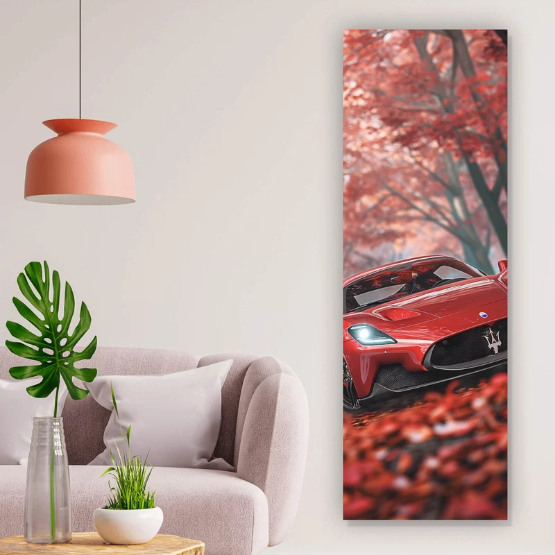 Aluminiumbild Roter Sportwagen fährt durch herbstlichen Wald No.2 Panorama Hoch