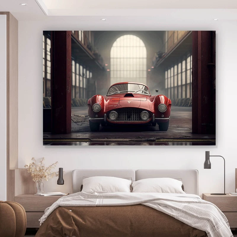 Acrylglasbild Klassischer roter Sportwagen in industrieller Halle Querformat