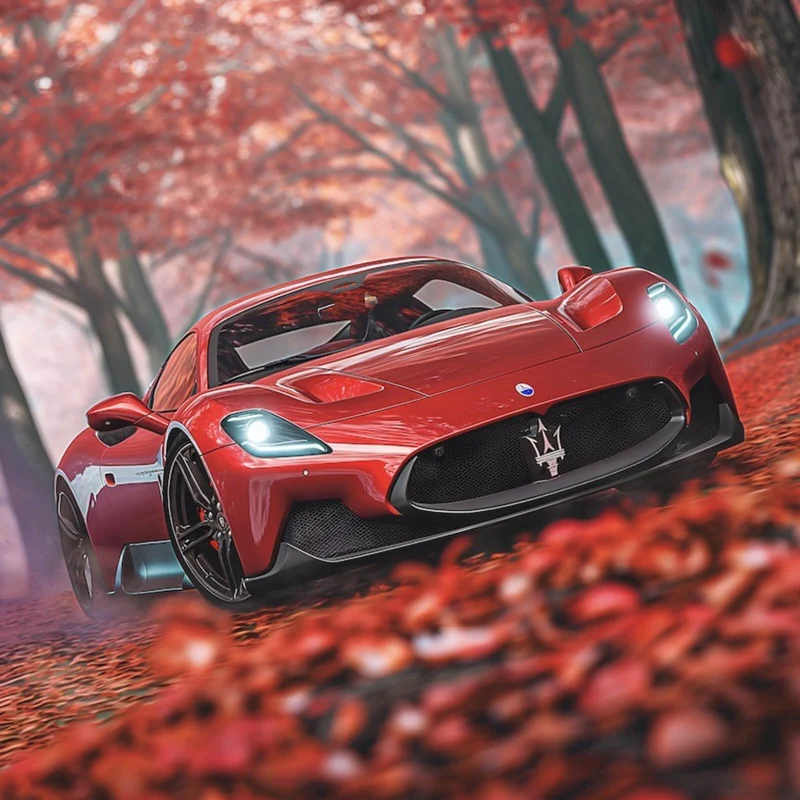 Aluminiumbild Roter Sportwagen fährt durch herbstlichen Wald No.2 Quadrat