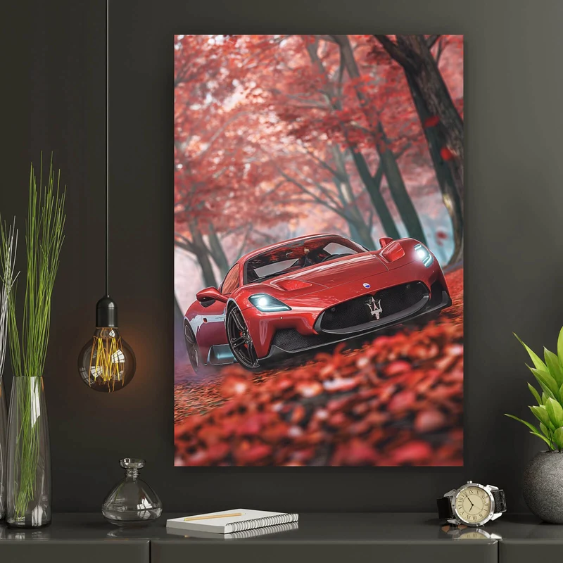 Acrylglasbild Roter Sportwagen fährt durch herbstlichen Wald No.2 Hochformat