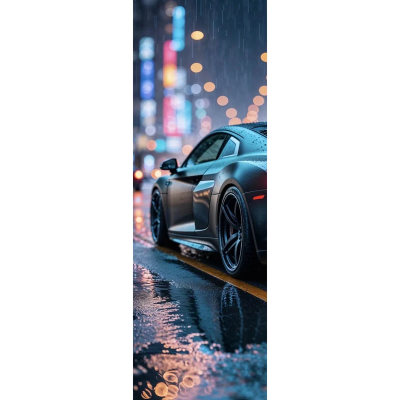 Aluminiumbild gebürstet Sportwagen bei Nacht im Regen auf nasser Straße Panorama Hoch