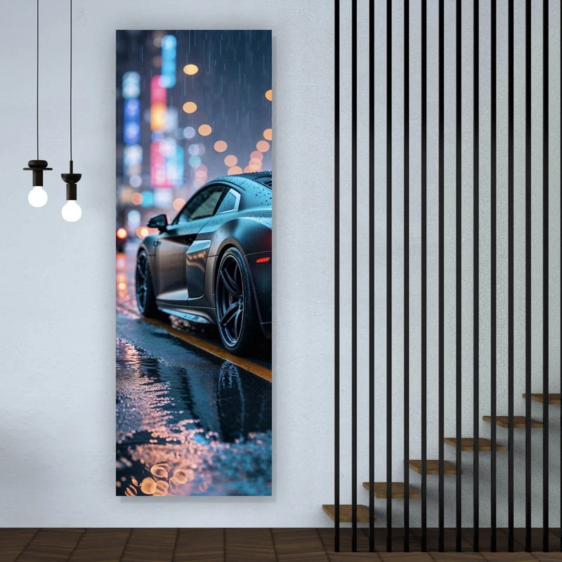 Poster Sportwagen bei Nacht im Regen auf nasser Straße Panorama Hoch