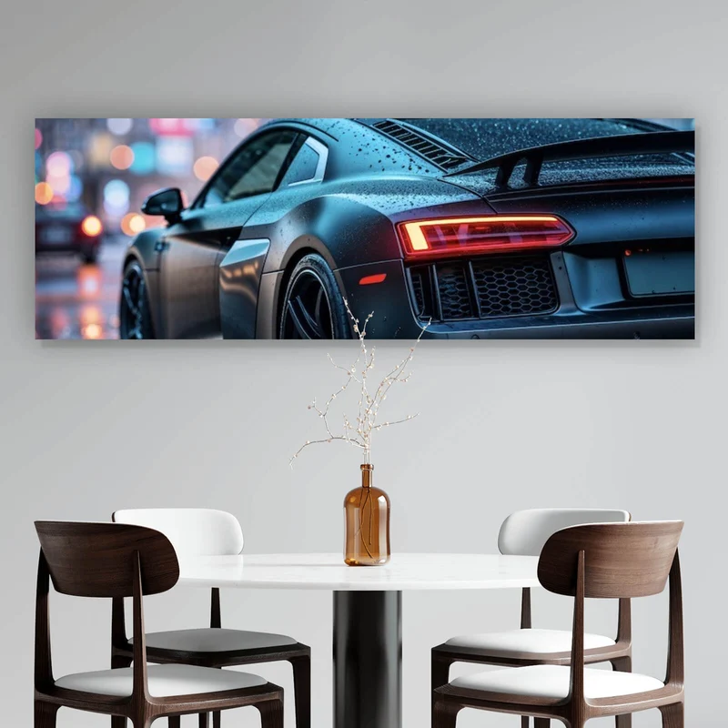 Acrylglasbild Sportwagen bei Nacht im Regen auf nasser Straße Panorama