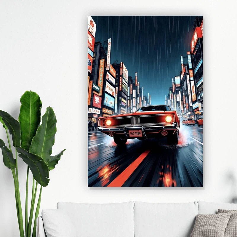 Poster Klassisches Auto fährt durch neonbeleuchtete Großstadt bei Regen Hochformat