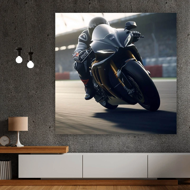Leinwandbild Motorradfahrt auf der Rennstrecke bei Sonnenuntergang Quadrat
