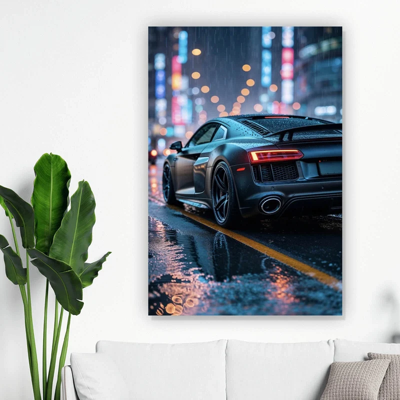 Spannrahmenbild Sportwagen bei Nacht im Regen auf nasser Straße Hochformat