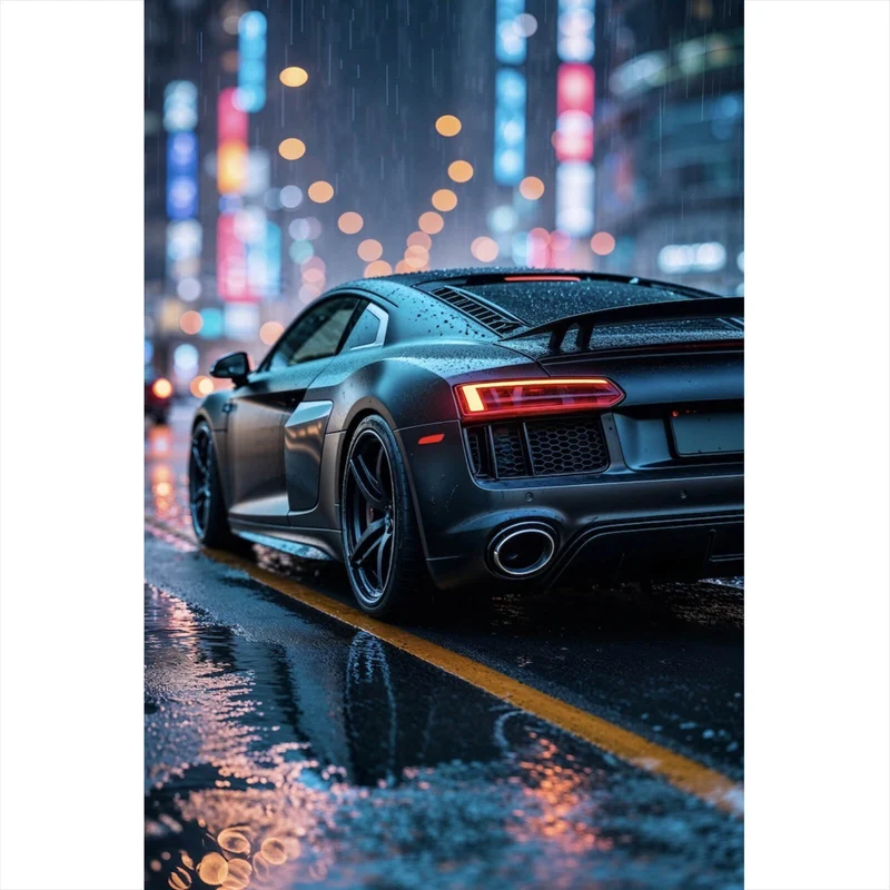 Spannrahmenbild Sportwagen bei Nacht im Regen auf nasser Straße Hochformat