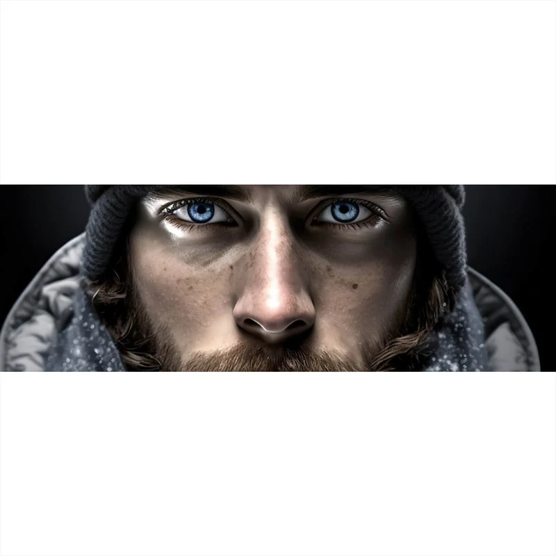 Aluminiumbild Abenteuerlicher Mann mit eisblauen Augen im Schnee Panorama