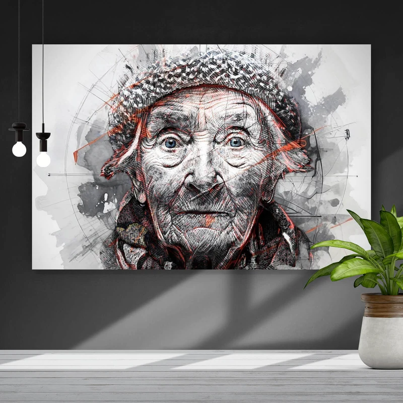 Acrylglasbild Ausdrucksstarkes Porträt einer älteren Frau künstlerisch gestaltet Querformat