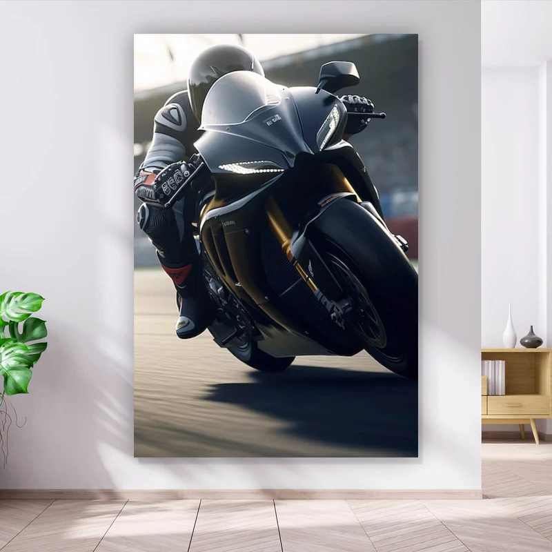 Aluminiumbild gebürstet Motorradfahrt auf der Rennstrecke bei Sonnenuntergang Hochformat