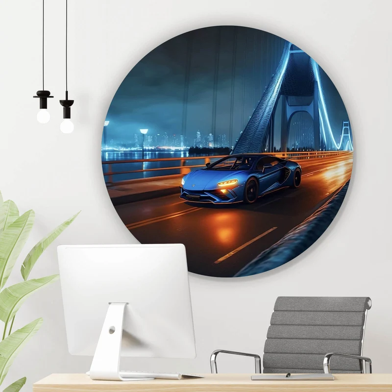 Aluminiumbild Sportwagen auf beleuchteter Brücke Kreis