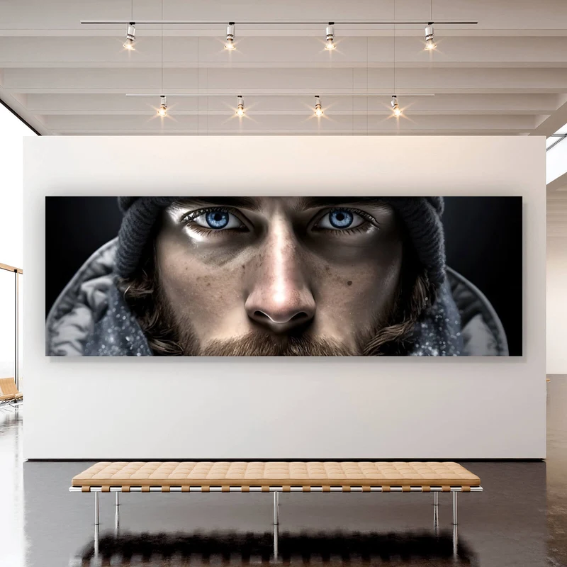 Poster Abenteuerlicher Mann mit eisblauen Augen im Schnee Panorama