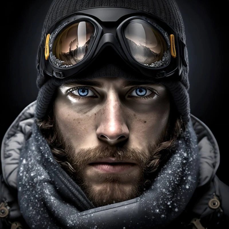 Leinwandbild Abenteuerlicher Mann mit eisblauen Augen im Schnee Quadrat