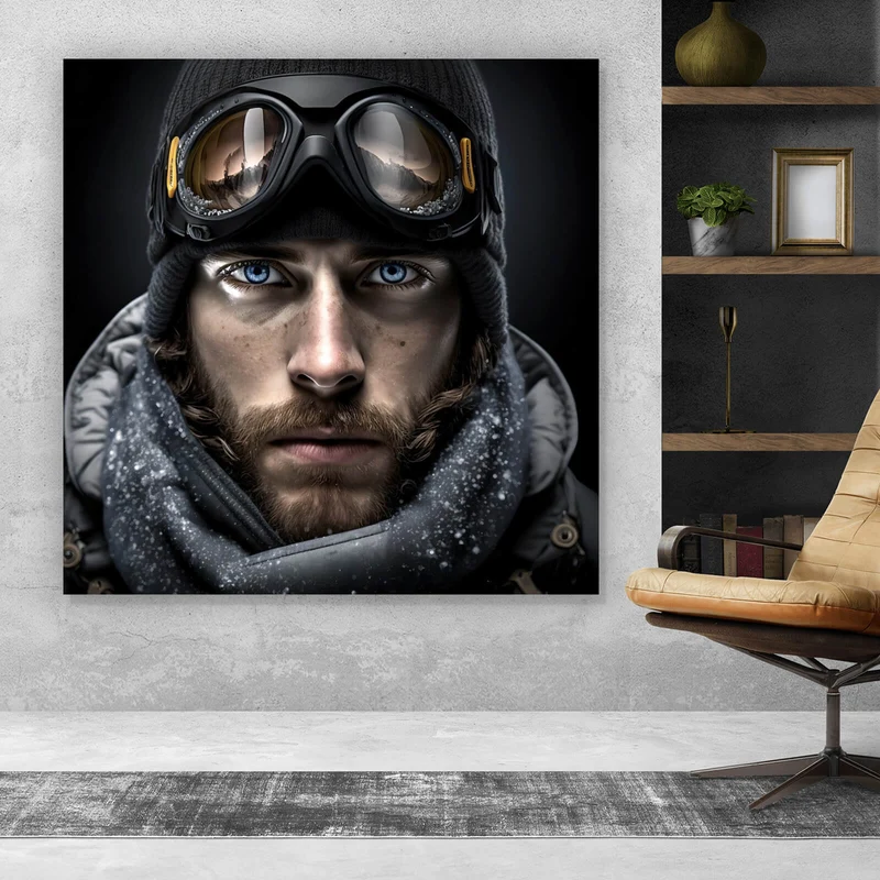 Poster Abenteuerlicher Mann mit eisblauen Augen im Schnee Quadrat