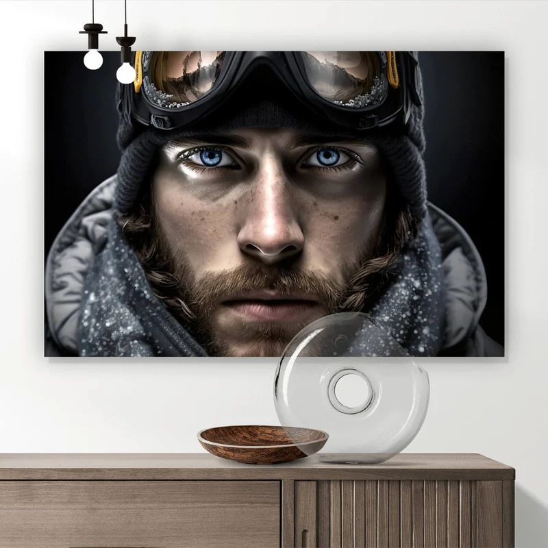 Spannrahmenbild Abenteuerlicher Mann mit eisblauen Augen im Schnee Querformat