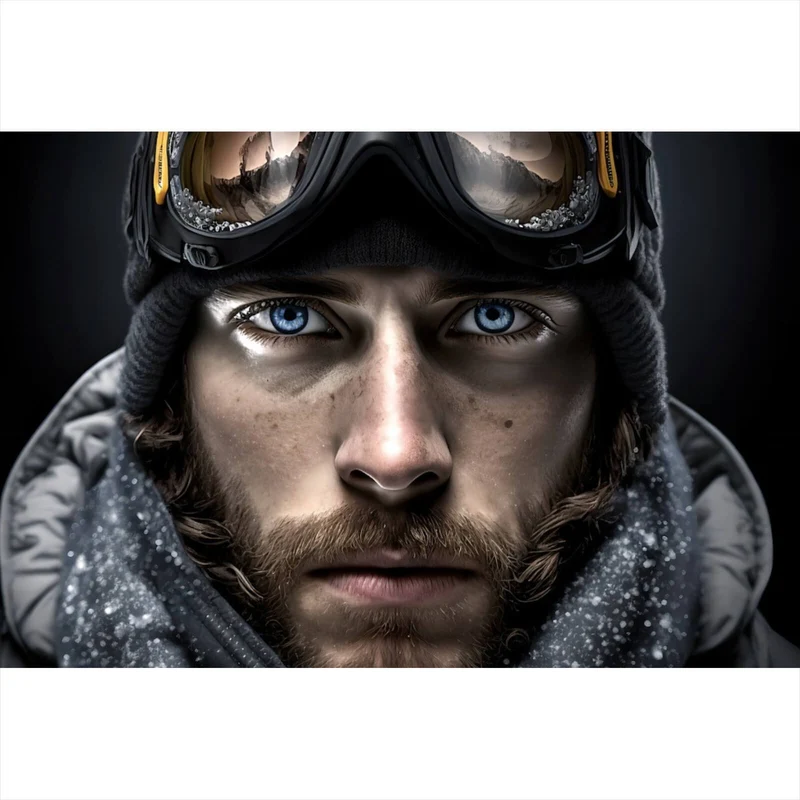 Spannrahmenbild Abenteuerlicher Mann mit eisblauen Augen im Schnee Querformat
