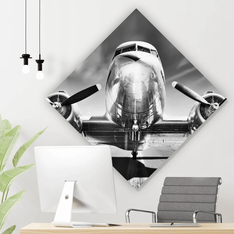 Aluminiumbild gebürstet Flugzeug Schwarz Weiß Raute