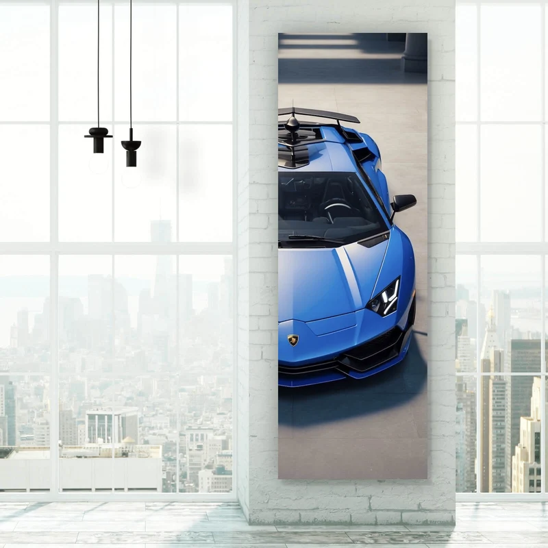 Poster Blauer Sportwagen in Frontansicht geparkt Panorama Hoch
