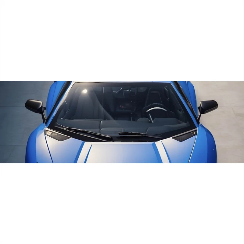 Aluminiumbild Blauer Sportwagen in Frontansicht geparkt Panorama