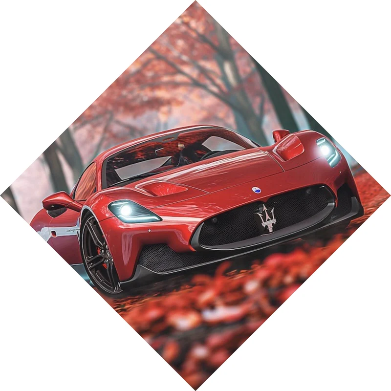 Leinwandbild Roter Sportwagen fährt durch herbstlichen Wald No.2 Raute