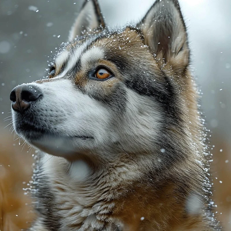 Spannrahmenbild Wolf schaut aufmerksam im winterlichen Schneefall Quadrat