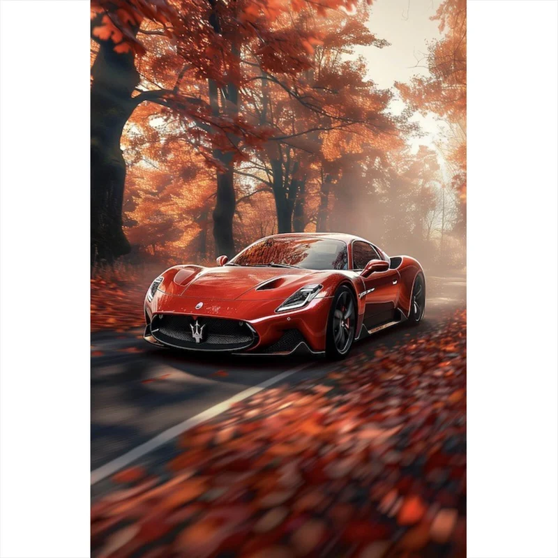 Leinwandbild Roter Sportwagen fährt durch herbstlichen Wald Hochformat