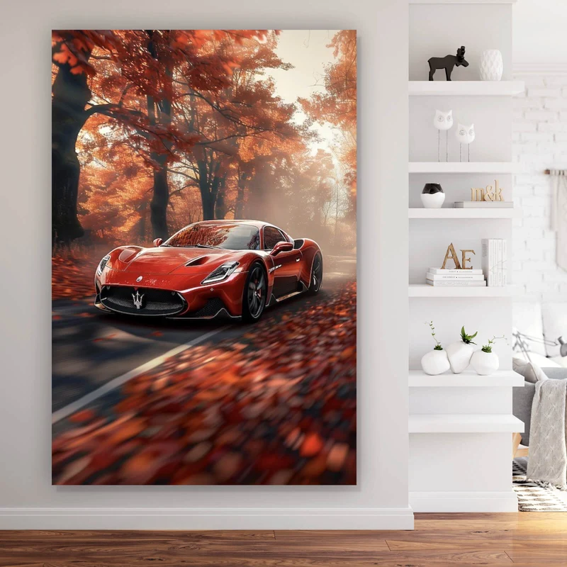 Poster Roter Sportwagen fährt durch herbstlichen Wald Hochformat