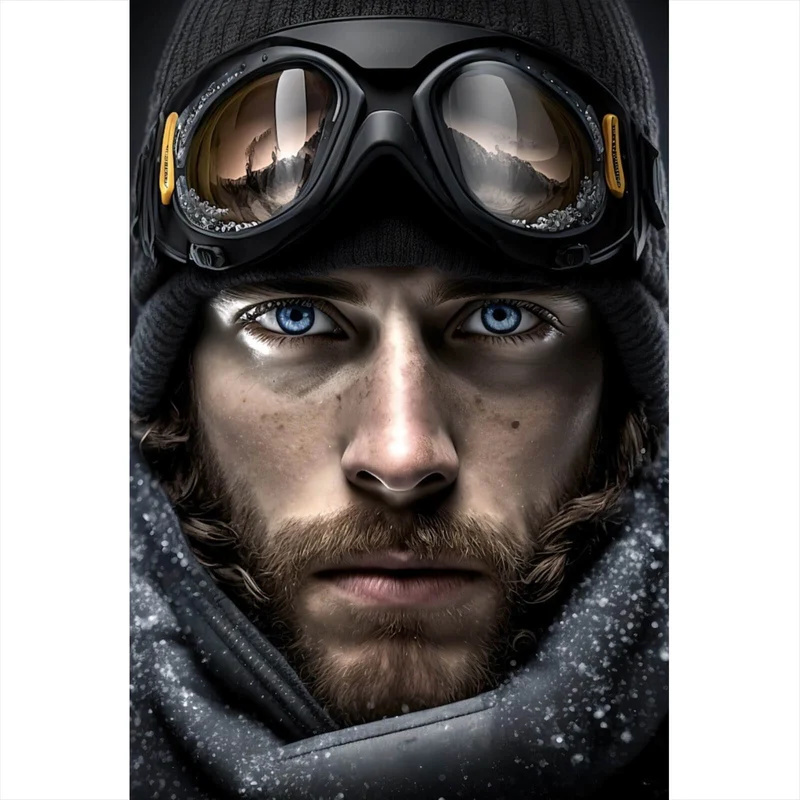 Spannrahmenbild Abenteuerlicher Mann mit eisblauen Augen im Schnee Hochformat