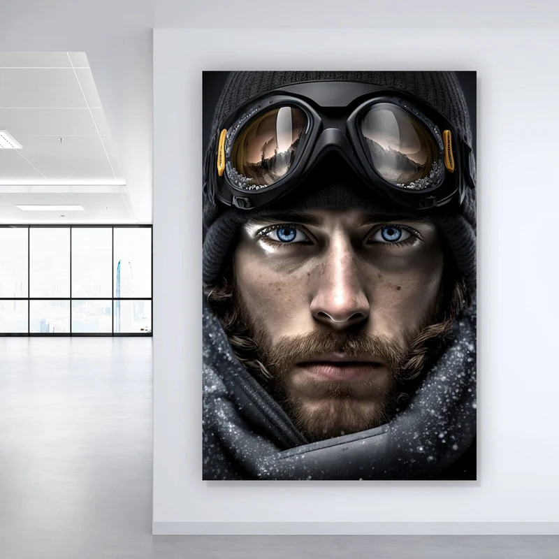 Aluminiumbild Abenteuerlicher Mann mit eisblauen Augen im Schnee Hochformat