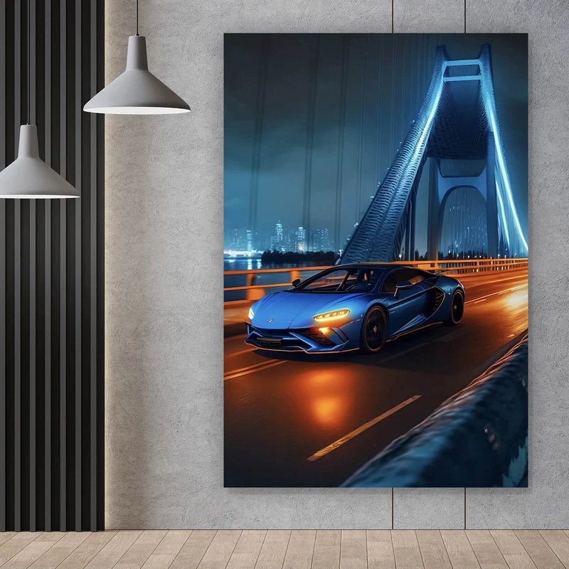 Spannrahmenbild Sportwagen auf beleuchteter Brücke Hochformat
