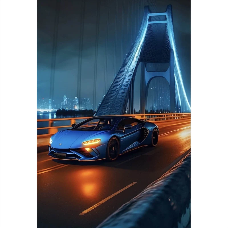 Leinwandbild Sportwagen auf beleuchteter Brücke Hochformat