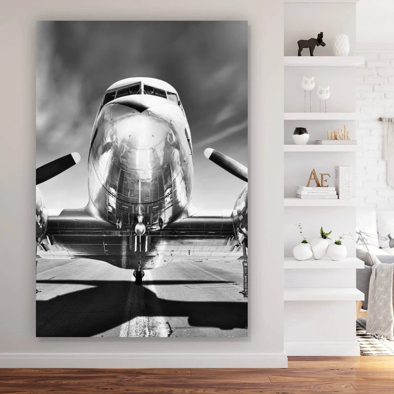 Leinwandbild Flugzeug Schwarz Weiß Hochformat