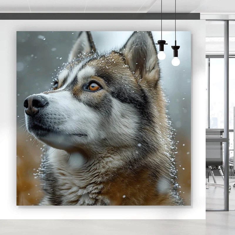 Poster Wolf schaut aufmerksam im winterlichen Schneefall Quadrat