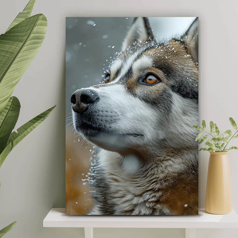 Spannrahmenbild Wolf schaut aufmerksam im winterlichen Schneefall Hochformat