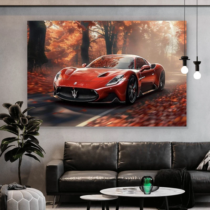 Aluminiumbild gebürstet Roter Sportwagen fährt durch herbstlichen Wald Querformat