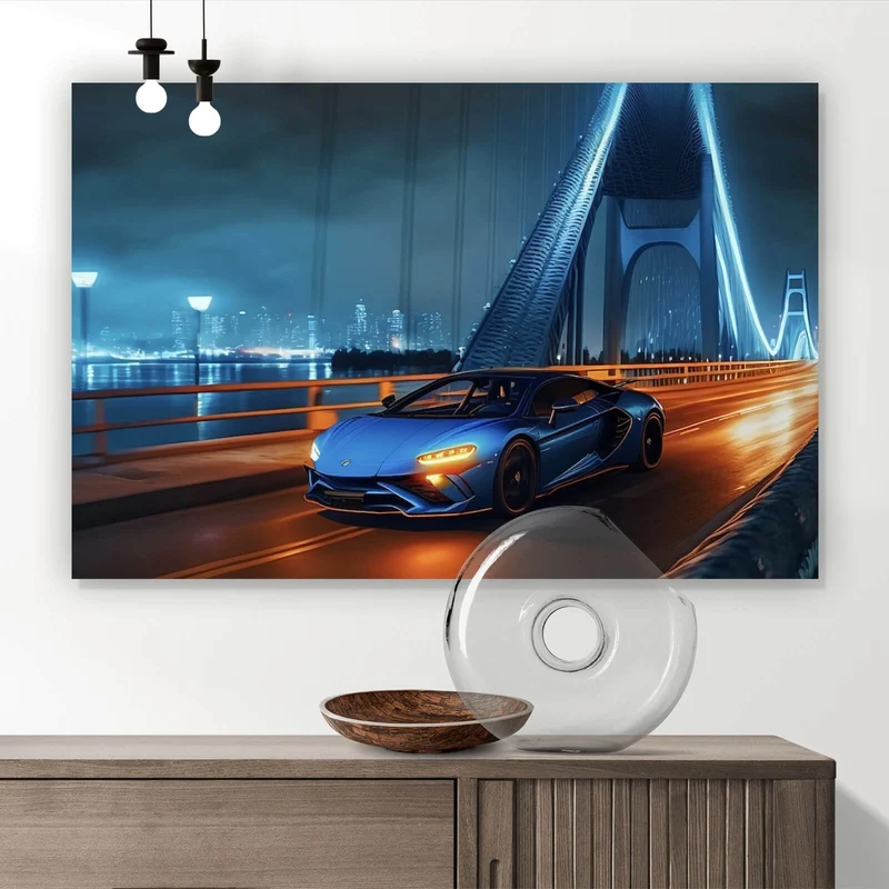 Spannrahmenbild Sportwagen auf beleuchteter Brücke Querformat