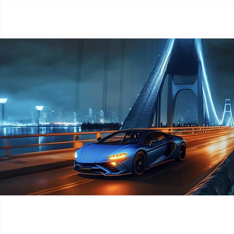 Aluminiumbild Sportwagen auf beleuchteter Brücke Querformat