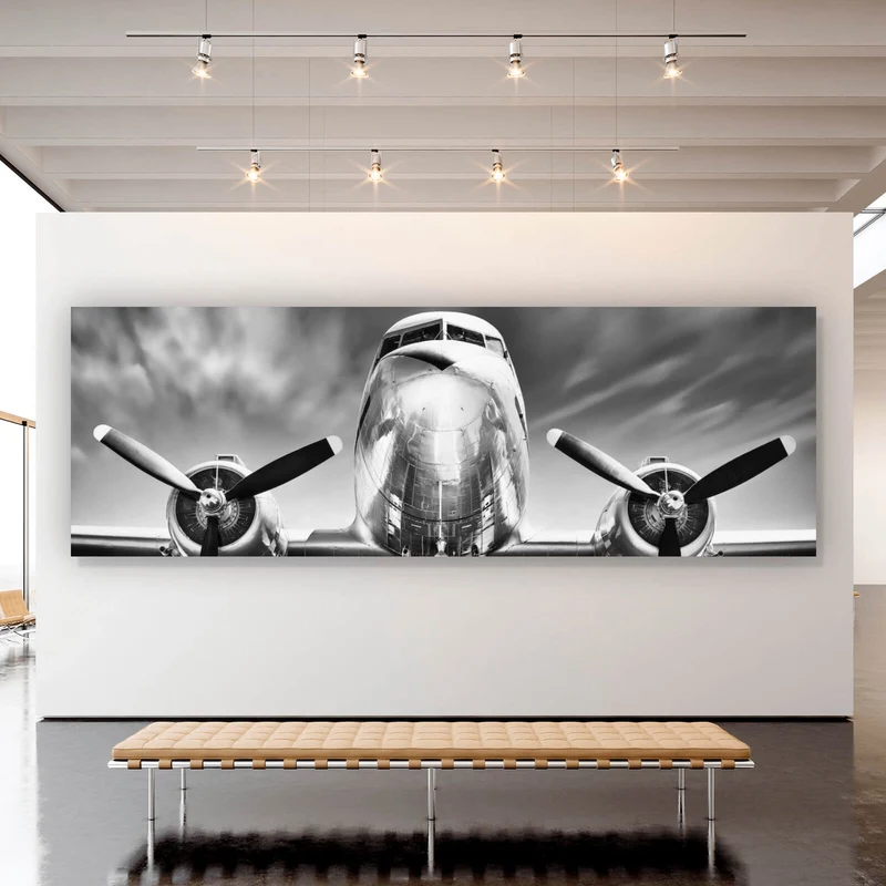 Poster Flugzeug Schwarz Weiß Panorama