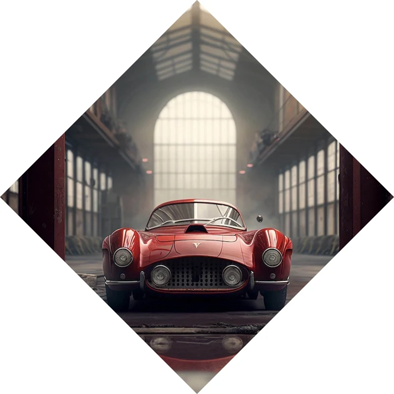 Spannrahmenbild Klassischer roter Sportwagen in industrieller Halle Raute
