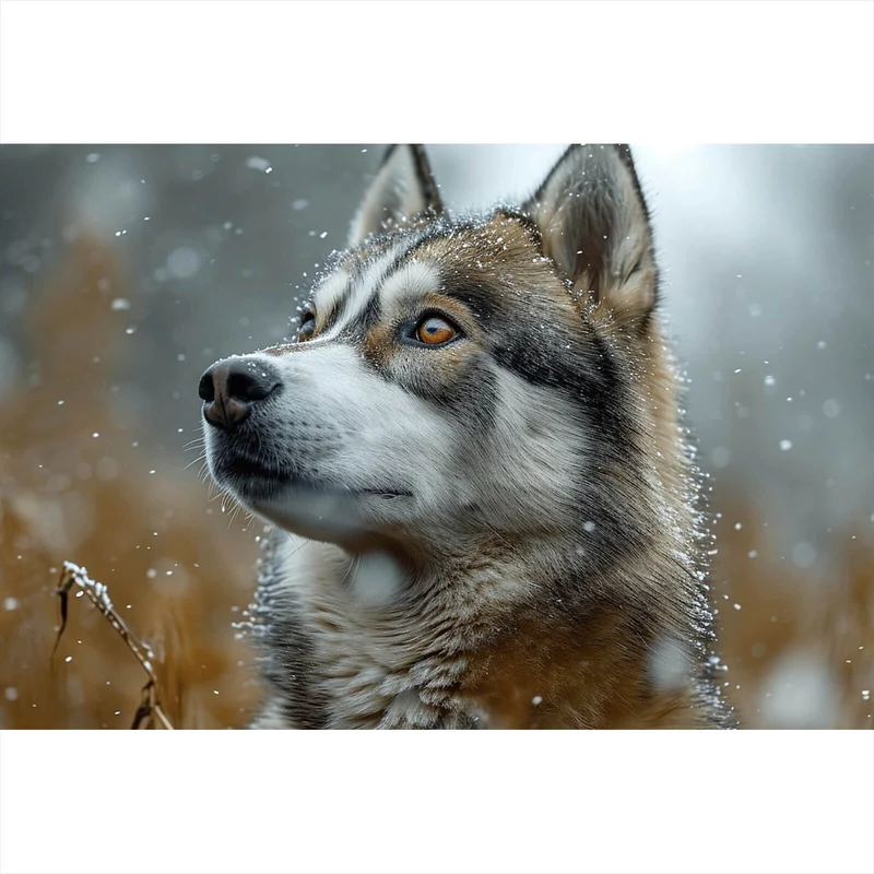 Acrylglasbild Wolf schaut aufmerksam im winterlichen Schneefall Querformat