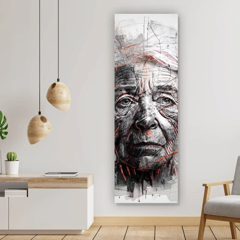 Aluminiumbild gebürstet Ausdrucksstarkes Porträt einer älteren Frau künstlerisch gestaltet No.2 Panorama Hoch