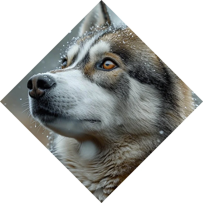 Spannrahmenbild Wolf schaut aufmerksam im winterlichen Schneefall Raute
