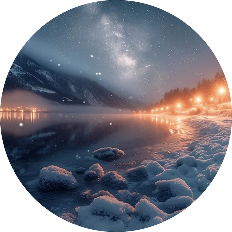 Aluminiumbild gebürstet Winterliche Landschaft mit funkelndem Sternenhimmel Kreis