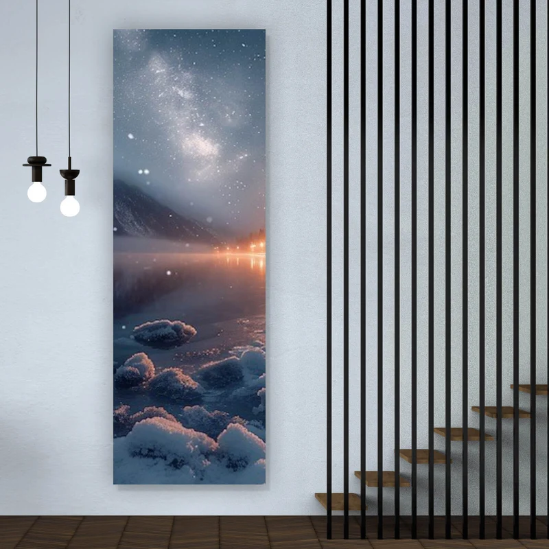 Aluminiumbild Winterliche Landschaft mit funkelndem Sternenhimmel Panorama Hoch