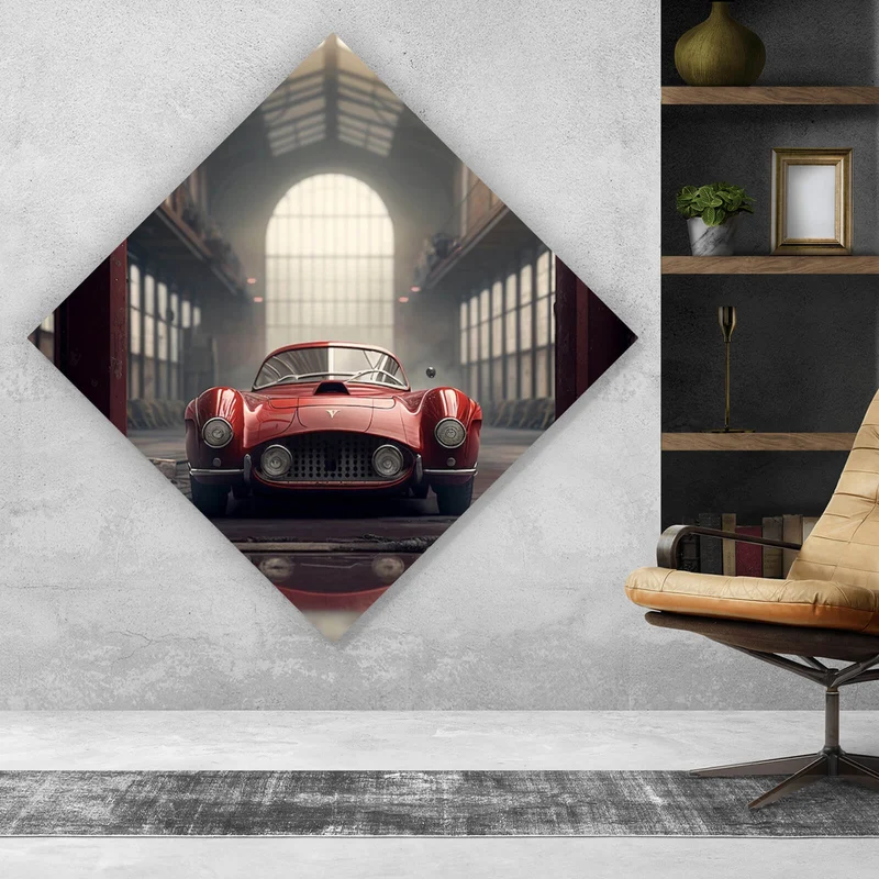 Poster Klassischer roter Sportwagen in industrieller Halle Raute