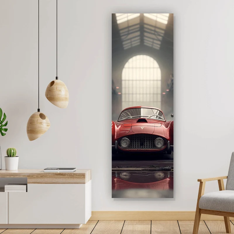 Acrylglasbild Klassischer roter Sportwagen in industrieller Halle Panorama Hoch