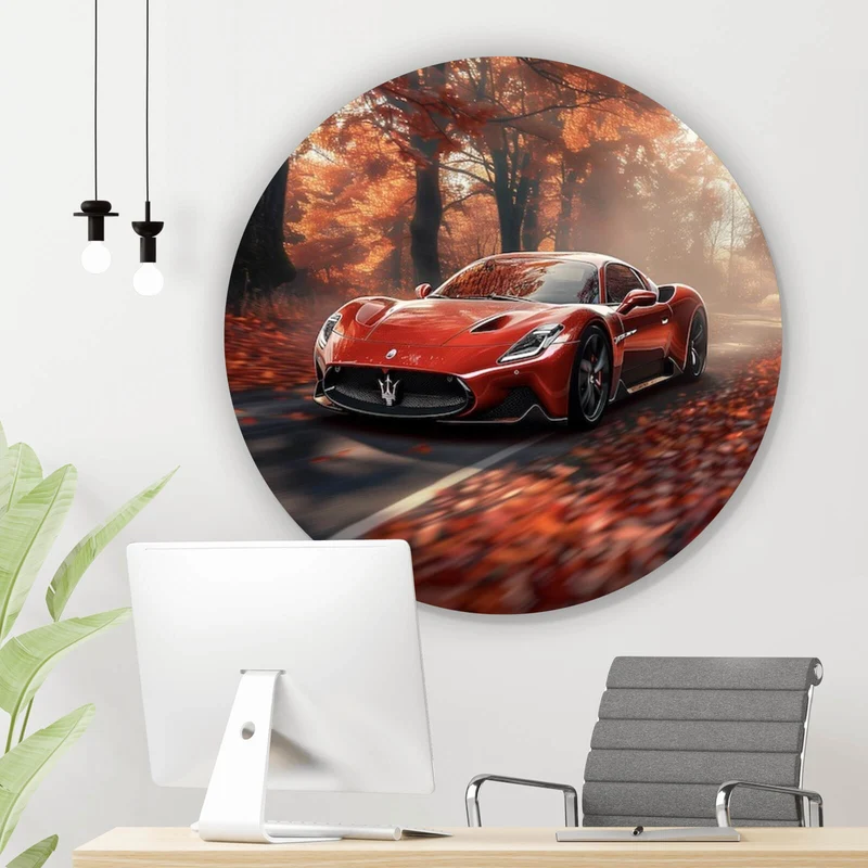 Aluminiumbild gebürstet Roter Sportwagen fährt durch herbstlichen Wald Kreis