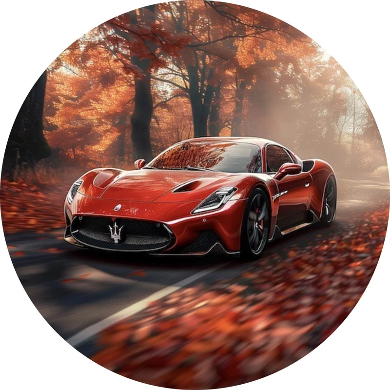 Aluminiumbild gebürstet Roter Sportwagen fährt durch herbstlichen Wald Kreis