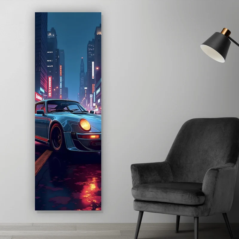 Spannrahmenbild Klassischer Sportwagen in nächtlicher neonbeleuchteter Stadtstraße Panorama Hoch